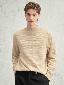 AKNOTIC Business Casual Men's Fitted Faux Cashmere Blend Turtleneck Sweater, Casual Beige Pullover For Fall & Winter - Apricot - View 3