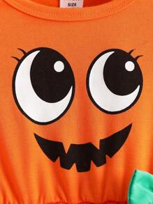 SHEIN Vestido de manga larga con malla y estampado de calabaza sonriente para niñas bebé, adecuado para fiestas y uso casual - Naranja - Ver 5