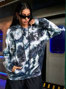 Streetz SHEIN Sport Women's Tie Dye Sweatshirt, Loose Streetwear Casual Long Sleeve Hooded - Black - View 7