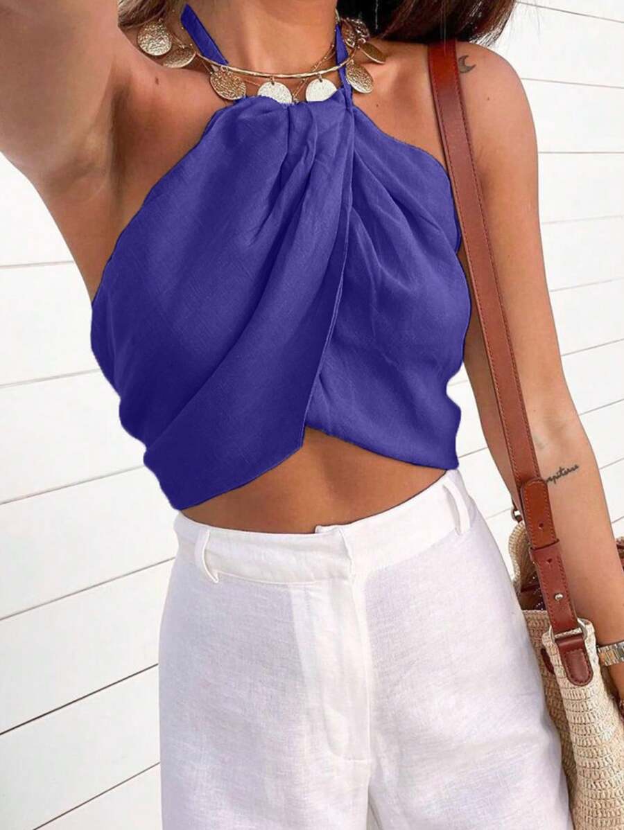 SHEIN Clasi 女士交叉褶皱宽松时尚潮流纯色简约吊带背心 - 寶藍色 - 查看 1