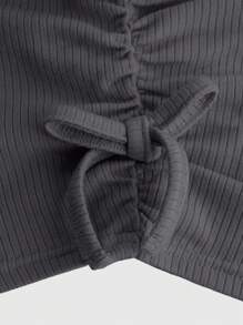 SHEIN Teen Girls Solid Color Ruched Fitted Knitted Casual Long Sleeve Dress - Dark Grey - View 4