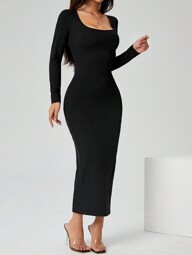 SHEIN PETITE Vestido largo de manga larga con cuello cuadrado color negro sólido ajustado, vestido elegante de manga larga para mujer con cuello cuadrado, ajuste ceñido, manga recta, liso, para uso diario casual en primavera/otoño