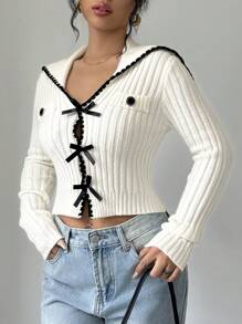 SHEIN Unity Contrast Trim Sailor Collar Bow Front Crop Cardigan - Beige - View 5