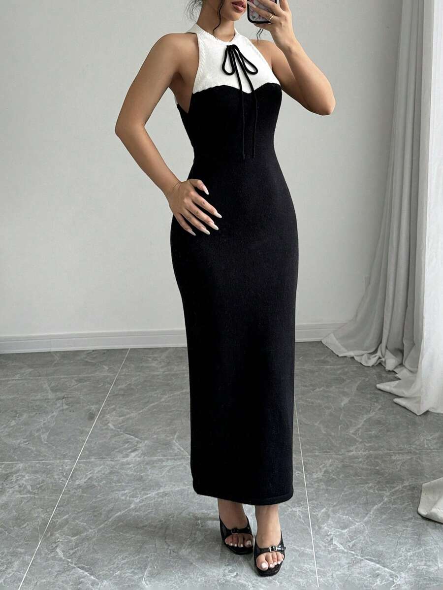 Elenzga 女士圆领系腰拼色黑白修身优雅针织毛衣连衣裙 - 黑與白 - 查看 1