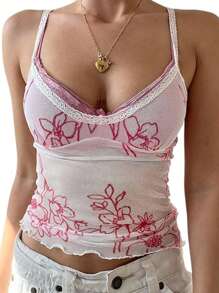 INAWLY Blusa informal de mujer con encaje, parches y pliegues con estampado floral