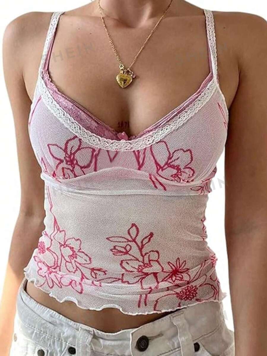 INAWLY Blusa informal de mujer con encaje, parches y pliegues con estampado floral