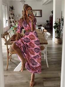 Breezaya 女士 V 领短袖荷叶边褶皱优雅连衣裙 - 粉色 - 查看 1