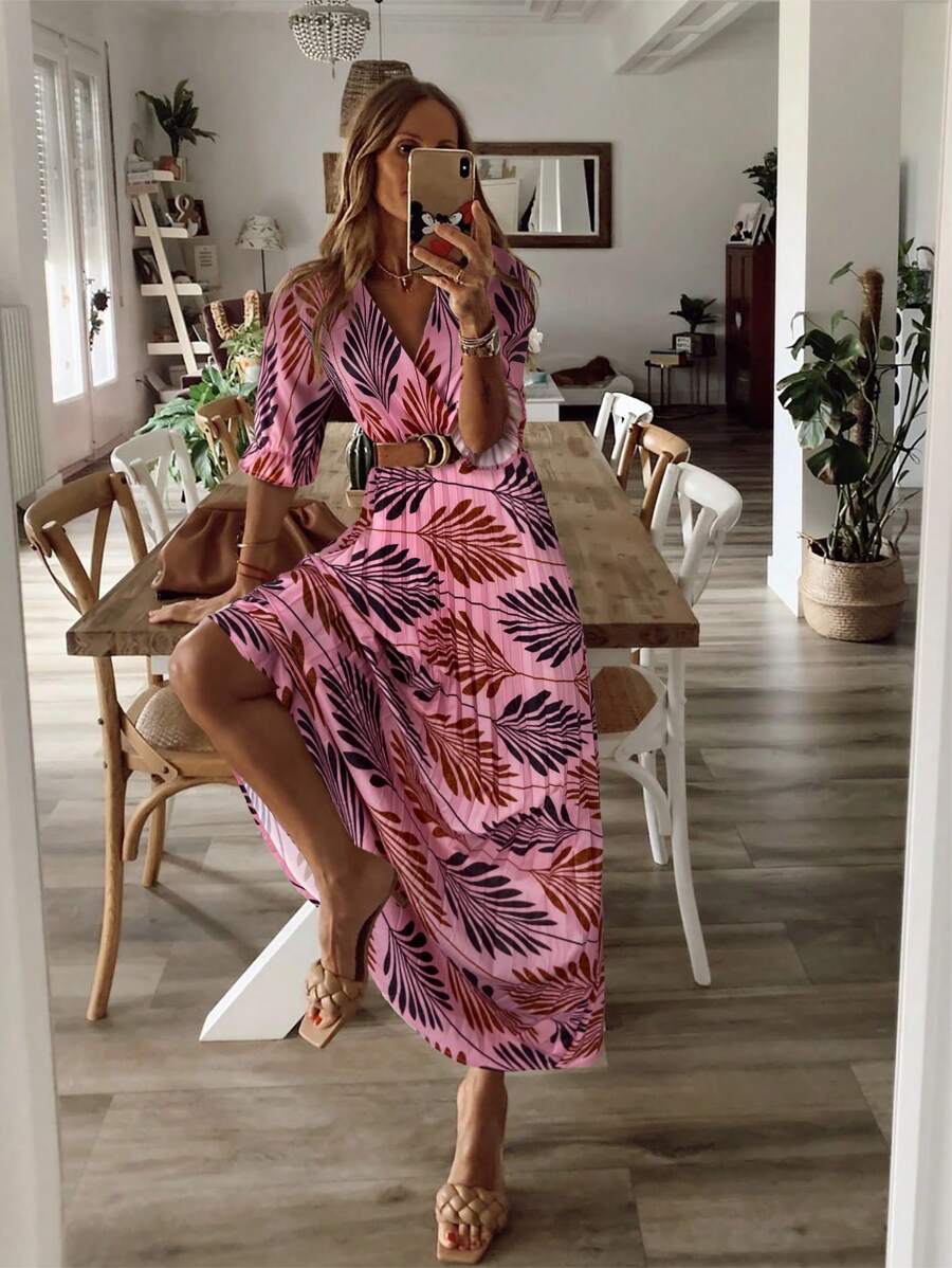 Breezaya 女士 V 领短袖荷叶边褶皱优雅连衣裙 - 粉色 - 查看 1