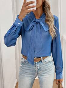 Chiquease 女士纯色系带优雅长袖衬衫 - 藍色 - 查看 5