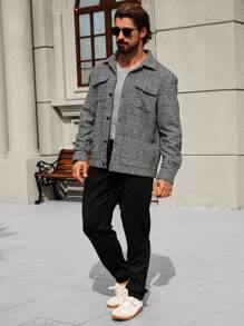 Manfinity Homme Men Plaid Print Button-Up Long Sleeve Jacket, Fall - Grey - View 4