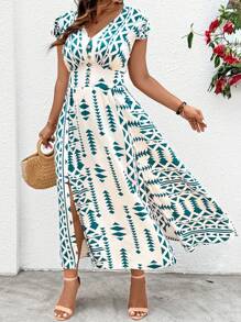 SHEIN Clasi Plus Size V-Neck Short Sleeve All-Over Print Button-Up Split Hem Dress - Multicolor - View 1
