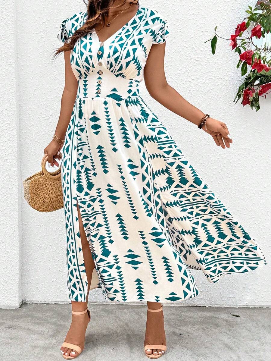 SHEIN Clasi Plus Size V-Neck Short Sleeve All-Over Print Button-Up Split Hem Dress - Multicolor - View 1
