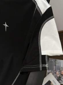 Claim Dot 男士夏季休闲撞色拼接外缝T恤 - 黑色 - 查看 6