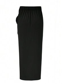 SHEIN Clasi Plus Size Women's Solid Color Minimalist Everyday Midi Skirt , Black - Black - View 2