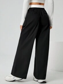 SHEIN PETITE Quần dệt có dây thắt lưng tương phản - màu đen - Xem 2