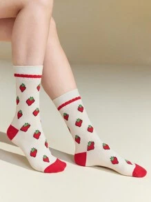 Strawberry Shortcake X SHEIN 2 Pairs Women Cartoon Character & Strawberry Pattern Mid-Calf Socks, Day