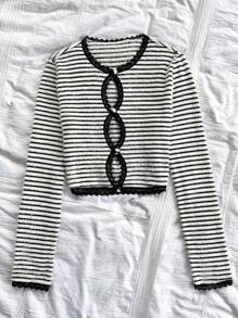 Soleia Spring Autumn Casual Colorblock Stripe Lace Trim Hollow Long Sleeve T-Shirt - Beige - View 4