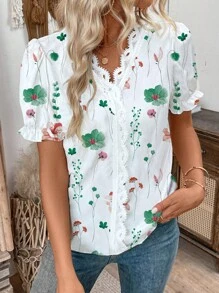 SHEIN LUNE Blusa Floral com Decote em V e Renda, Manga Curta com Contraste, para Mulheres - Verde - Visão 6