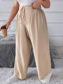 SHEIN CURVE+ Curve Plus Size Linen Pants,Vacation Solid Color Casual Trousers With Elastic Waist And Diagonal Pockets - Apricot - View 4