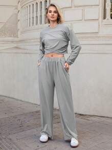 SHEIN Essnce 2 件套女士轻质纯色圆领长袖短款运动衫和裤子运动服套装 - 浅灰色 - 淺灰色 - 查看 3