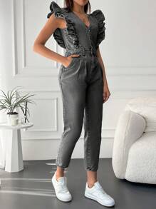 EURMUSE Ruffle Trim Button Front Denim Jumpsuit - Dark Grey - View 4