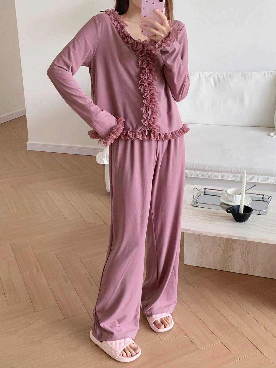 DAZY 蕾丝边短款开衫上衣和简约睡裤 2 件套家居服套装 - 粉色 - 查看 1