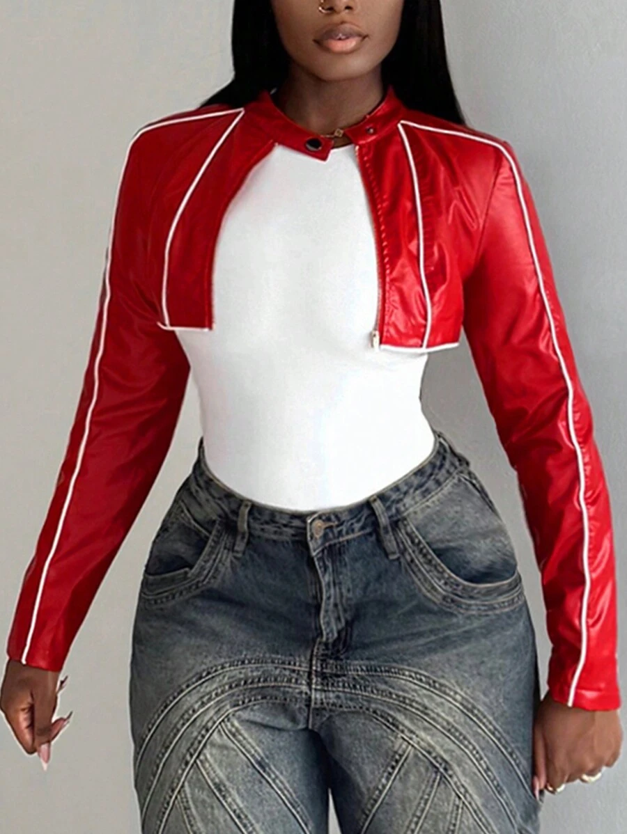 Slaydiva 秋冬街头风红色长袖拉链前撞色织带短款PU夹克 - 紅色 - 查看 1