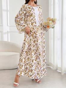 Al Najma Round Neck Floral Patchwork Solid Color Embroidered Trim Islamic Dress With Headscarf, Modest - White - View 8