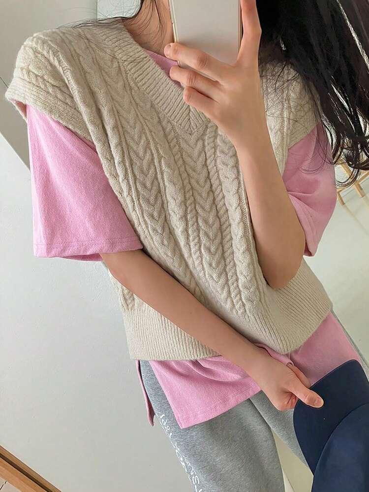 Women Spring & Autumn Casual Solid Color Cable Knit Sweater Vest