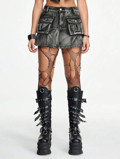 Grunge Punk Women Sexy Vintage Washed Mini Denim Skirt, Summer