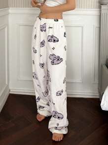 DAZY Cute Koala Print Soft Flannel Fluffy Sleep Pants, Thermal Lined Fall, Winter, Cozy - White - View 6
