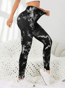 Gameset SHEIN Sport Women's Tie-Dye Printed Wide Waist Sports Leggings - Black - View 4