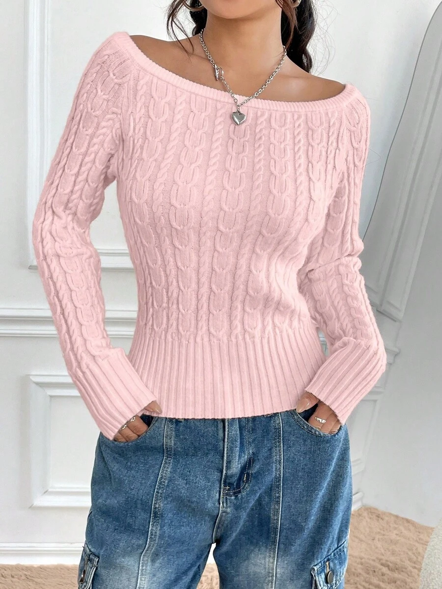 Flirla 休闲纯色圆领修身毛衣，春秋季，长袖上衣 - 粉色 - 查看 1