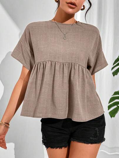 SHEIN Essnce Women's Summer Solid Color Round Neck Bat Short Sleeve Ruffle Hem Loose Shirt,Short Sleeve Tops