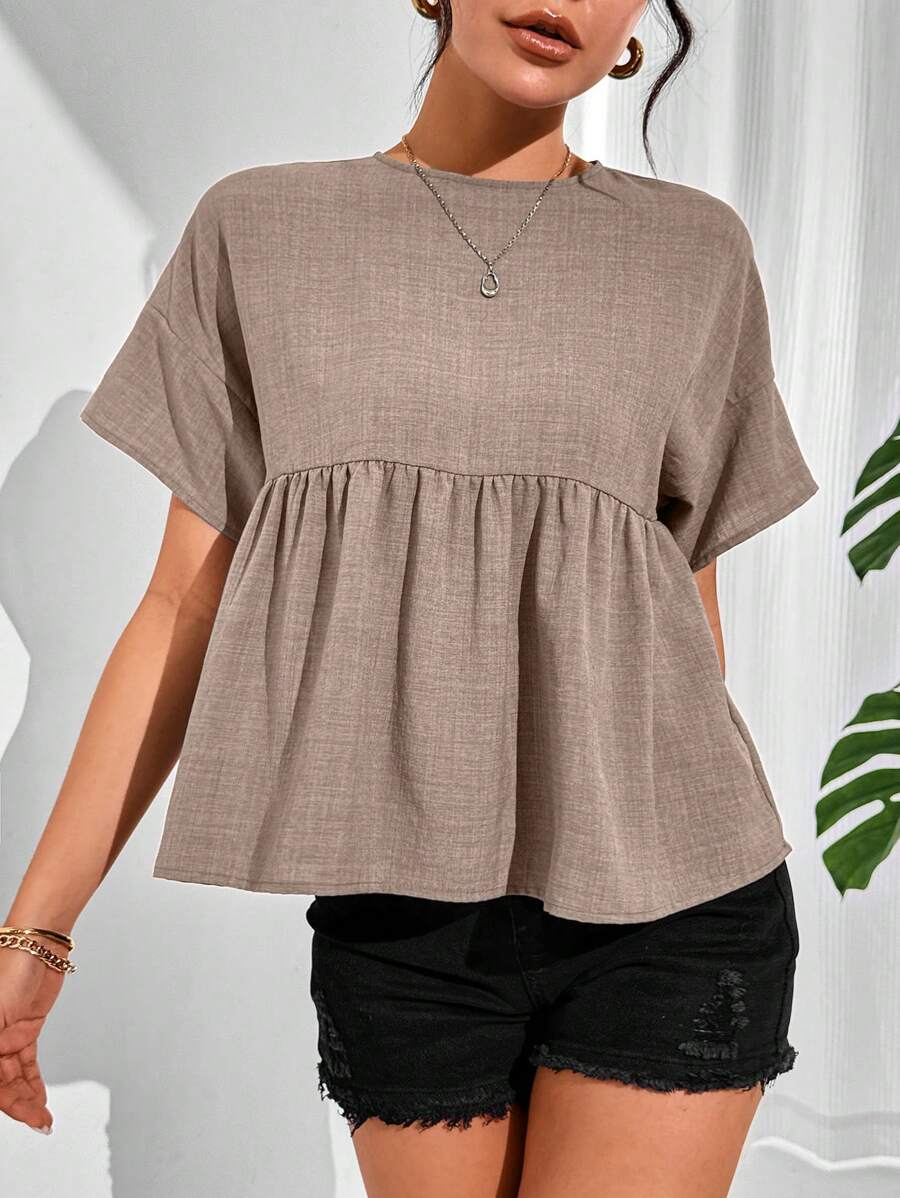 SHEIN Essnce Femmes Chemise ample d'été à col rond, manches chauve-souris, ourlet à volants, couleur unie, Hauts à manches courtes