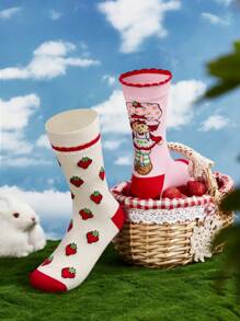 Strawberry Shortcake X SHEIN 2 Pairs Women Cartoon Character & Strawberry Pattern Mid-Calf Socks, Day