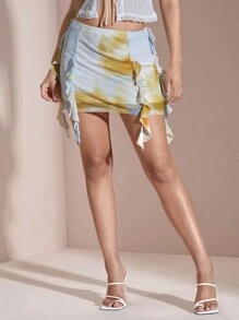 SHEIN BAE 夏季蓝色渐变花卉印花荷叶边装饰女式迷你裙 - 白色 - 查看 3