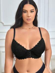 1pc Plus Size Front-Closure Lace Underwire Bra, Lingerie - Black - View 8