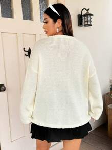 Flirla Plus Size Relaxed Fit Colorblock Smiling Face Knit Sweater
