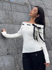 SHEIN Unity Bowknot Off Shoulder Pullover Sweater, Knit Pullover Fall Winter - Beige - View 4