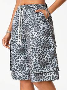 SHEIN EZwear Women's Leopard Print Loose Wide-Leg Bermuda Shorts - Grey - View 4