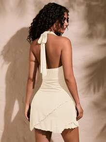 Opulessa Solid Color Knitted Mesh See-Through Sexy Dress, Draped Neck With Halter Strap, Open Back Design For Women's Vacation,Bachelorette Dress