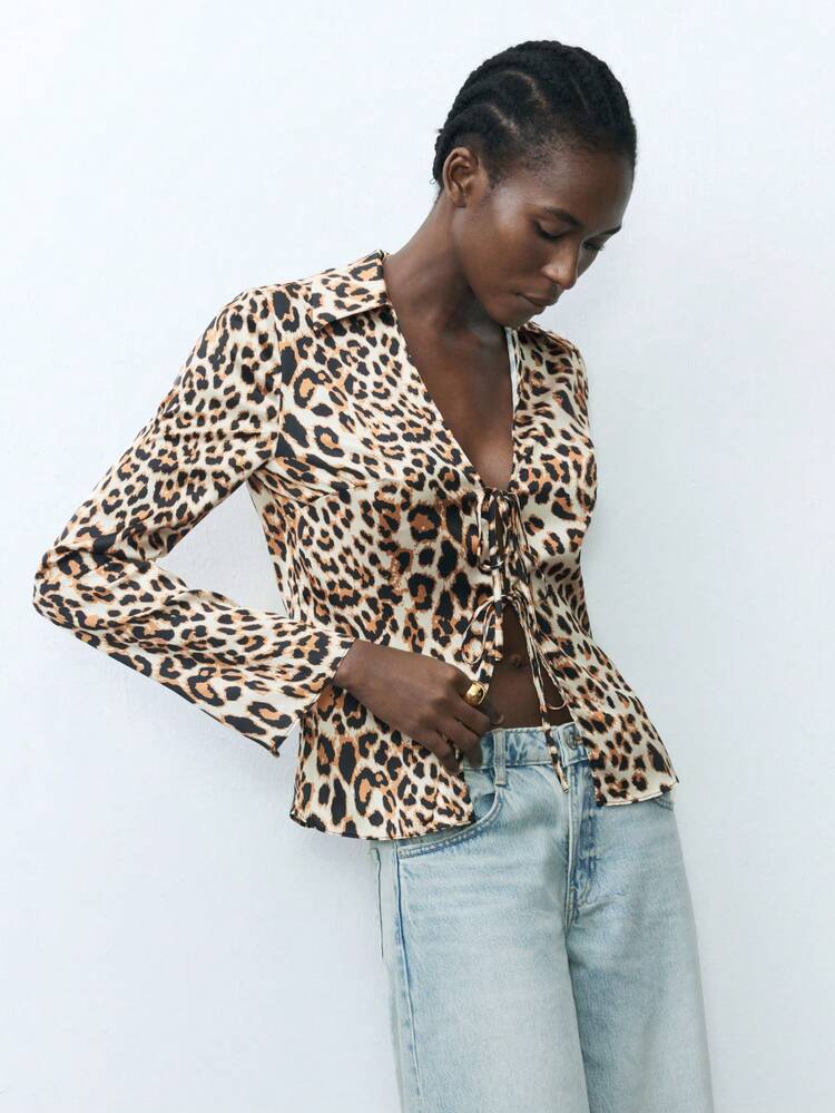 SHEIN Maija Women's Leopard Print Lace-Up Fashion Long Sleeve Shirt Romantic, Fashion, Versatile; Suitable For Summer Vacation, Comfortable, Bohemian Style, Beach Wear, Swimsuit Cover-Up, Stylish, Elegant, Casual, Simple Daily Wear, Country Style, Essential, Solid Color, Holiday Casual, Decent, Single Lady, Ideal For Vacation Elegant Fashion Business Casual Woman Going Out Tops Graduation European Summer Hawaii Women Summer For Women Streetwear Women Stockholm Style Teacher For Women
