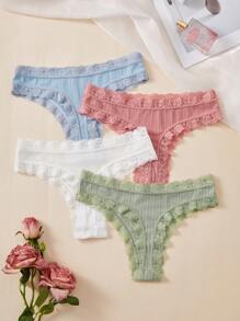 4 Pcs/Set Sexy Lace Patchwork Solid Color Bow Decor Thong - Multicolor - View 2