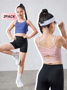 SHEIN 2pcs Tween Girls' Knit Contrast Mesh Strap Sports Top And Shorts Casual Set - Multicolor - View 1