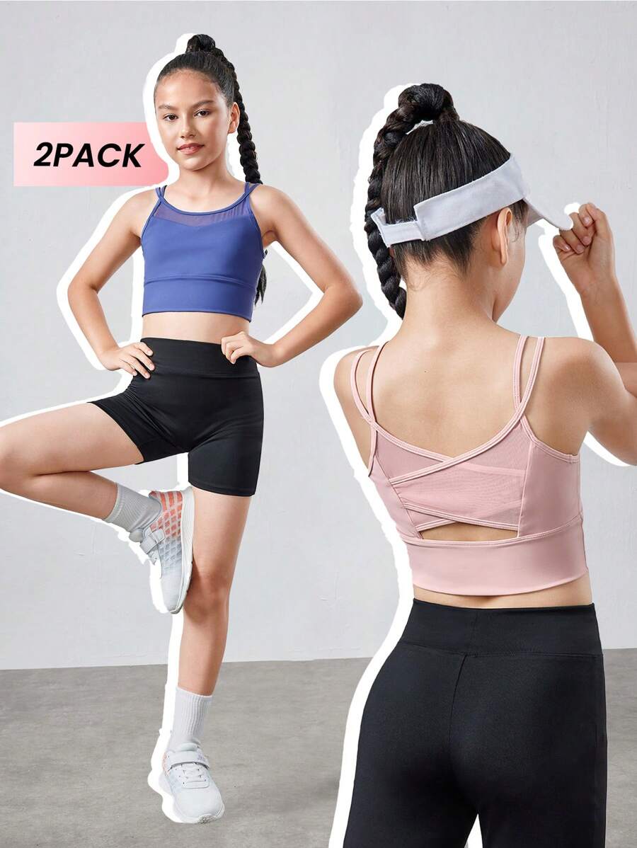 SHEIN 2pcs Tween Girls' Knit Contrast Mesh Strap Sports Top And Shorts Casual Set - Multicolor - View 1