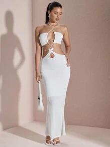 SHEIN BAE 女士纯色镂空露背紧身吊带毕业礼服，夏季 - 白色 - 查看 4