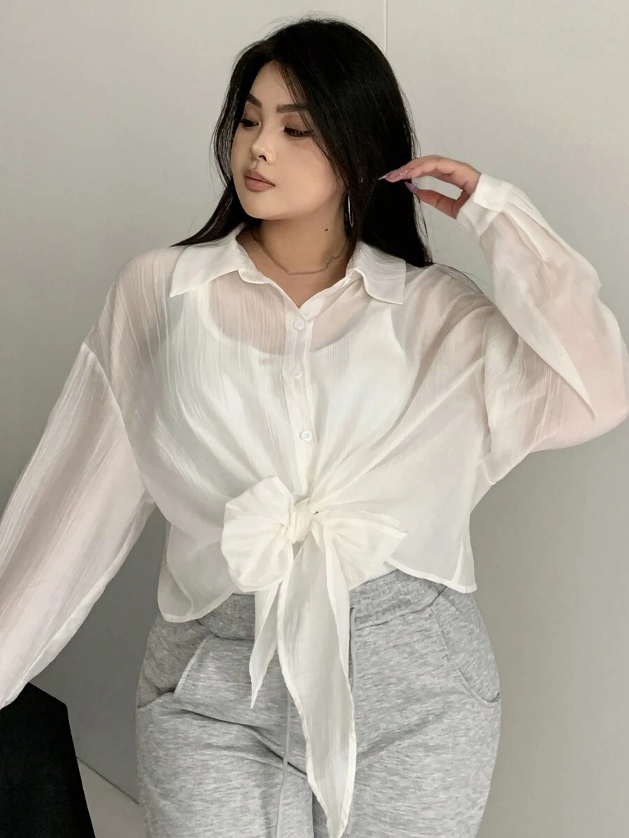 Dazy Petite Plus 加大码纯色宽松翻领长袖领带衬衫透视秋季女装 - 白色 - 查看 1
