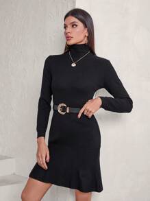 Aveloria Vintage Elegant High Collar Waist-Defined Ruffle Hem Fish Tail Knit Dress For Women Fall Cloth For Women