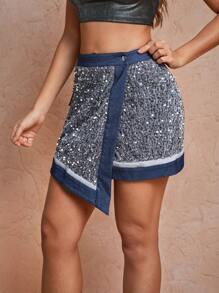 Let Your Light Shine Designer Glittery Sparkle Sequin Elegant Asymmetric Hem Skirt, For Holiday, Party, Festival